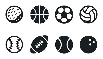 Set of eight sports ball icons on black background