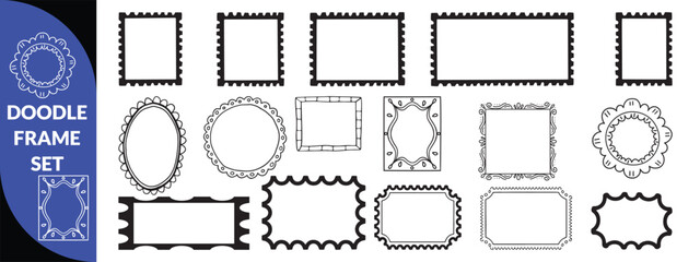 Doodle frame set, vector hand drawn stamp border, vintage abstract wavy post stamp simple design. Blue decorative rectangle label, empty banner shape collection. big set design 