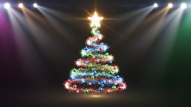 Christmas tree shape made of colorful light trails under bright spotlights on a dark background for holiday celebration