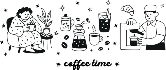 Minimal line art coffee illustrations &mdash; cups, desserts, and stylish people enjoying cozy caf&eacute; moments.