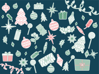 Big set of Christmas, New Year holidays Hand drawn stickers. Retro style collection. Vector illustration on dark green background
