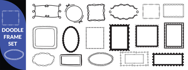 Doodle frame set, vector hand drawn stamp border, vintage abstract wavy post stamp simple design. Blue decorative rectangle label, empty banner shape collection. big set design 