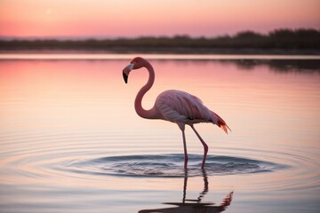 Eleganter Flamingo im sanften Licht eines Sonnenuntergangs &uuml;ber einem ruhigen Gew&auml;sser