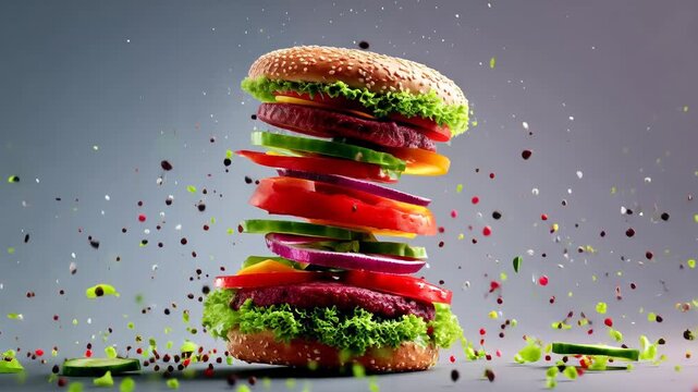 Stacked burger with flying ingredients gray background