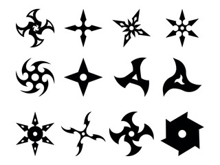 Big collection of Black silhouettes of throwing stars. Vector illustration of a metallic ninja star (shuriken) with sharp, symmetrical blades. Ideal for martial arts designs, icons, or themed artwork.