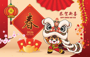 Vintage Chinese new year poster design with horse character. Chinese wording means Spring, Happy Lunar Year,  Prosperity.