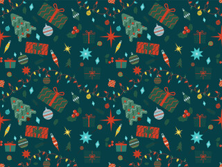Beautiful christmas doodles seamless pattern on green background - hand drawn and detailed, great for christmas textiles, banners, wrappers, wallpapers - vector surface design