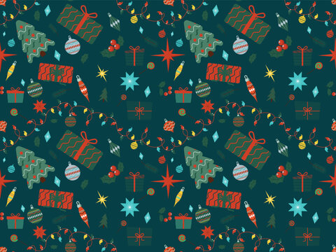 Beautiful christmas doodles seamless pattern on green background - hand drawn and detailed, great for christmas textiles, banners, wrappers, wallpapers - vector surface design