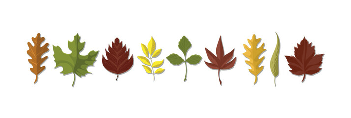 Abstract bright leaves of various shapes. Autumn season cartoon doodle elements collection.