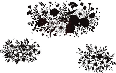 The image presents a visually engaging arrangement of three clusters of stylized black-and-white floral illustrations, each showcasing a unique composition of flowers and foliage.