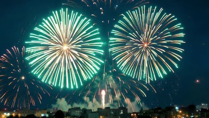 breathtaking 4k ultra HD fireworks display illuminating dark night sky multicolored explosions shimmering light trails glowing bokeh creating seamless loop perfect holiday celebration videos - Powered by Adobe