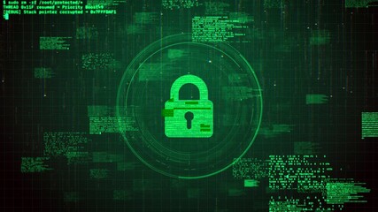 Futuristic Padlock Icon Over Green Hacking Glitch Animation Background - Powered by Adobe