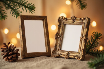 Christmas glow background with two picture frames mockup, decorative fir tree branch and cones. New Year winter holidays photo template concept with decor and copy space.