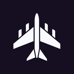 Jet aircraft vector icon on black background. Ideal for travel agencies, airline marketing, and aviation web icons.