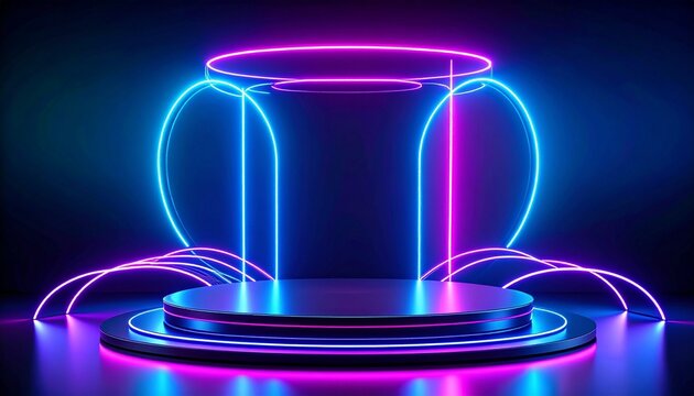 Futuristic neon-lit stage with circular podium and glowing blue-pink arcs - Powered by Adobe