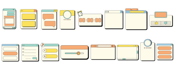 Retro user interface tabs and icons. Computer software screen panels and dialog boxes, retro desktop computer interface with frames.