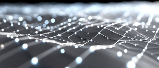 Obraz premium Stunning representation of technology showcases network of interconnected nodes against blurred background, creating sense of depth and innovation. glowing elements evoke feeling of connectivity