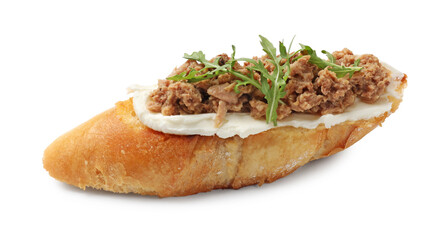 Delicious bruschetta with tuna, cream cheese and arugula isolated on white