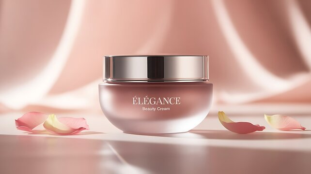 A luxurious jar of face cream with rose petals scattered around it on a silky pink background - Powered by Adobe