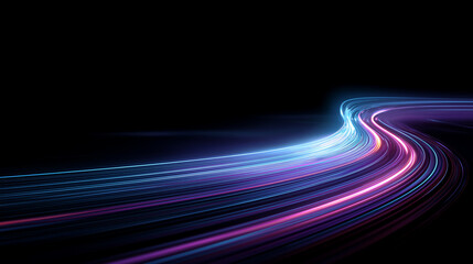 abstract background with Fast moving neon light trails in pink, purple, and blue hues, curving and twisting on a black background. digital technology concept, speed motion, futuristic design wallpaper
