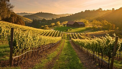 Naklejka premium Golden hour light over a Tuscan vineyard with a traditional stone farmhouse nestled in the rolling hills of Italy