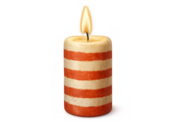 Decorative striped candle burning with a warm flame, creating cozy light for festive holiday celebrations on transparent background