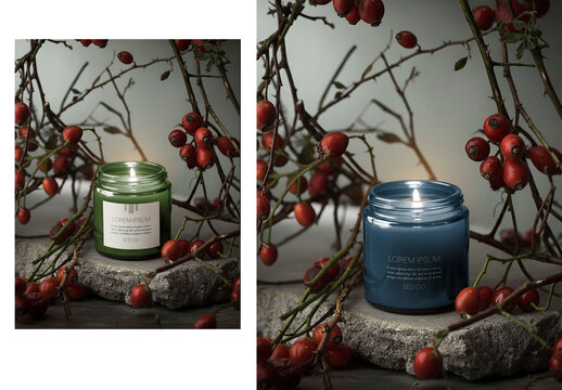Scented Candle Mockup with Red Berries Branches