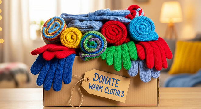 Donate warm clothes and soft knitted garments for winter charity drive, box overflowing with rolled sweaters and colorful gloves. Donate warm clothes to keep vulnerable people safe in cold season.