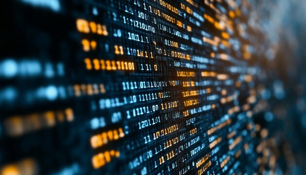 Futuristic Computer Screen Showcasing Complex Code Patterns and Data Streams in High-Tech Setting