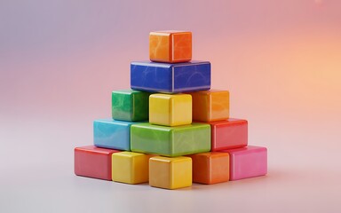 Naklejka premium A pyramid of colorful building blocks stacked neatly on a plain surface, representing childhood and construction