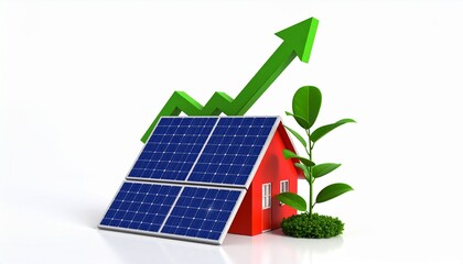 Red house with solar panels and upward green arrow on white background