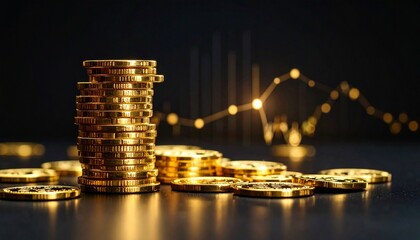 Stack of gold coins with glowing financial graph on dark background