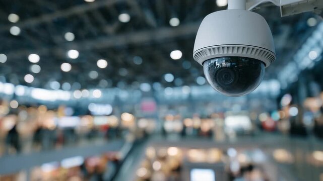 High-angle dome security camera mounted on bright ceiling, blurred shelves and indistinct shoppers below creating atmosphere of modern surveillance