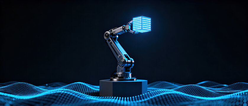 Robotic arm with glowing blue light in technological environment