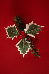 Christmas Holly and Pine Branch on Red Background