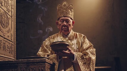 man holding chalice and wearing gold robe. headdress and ornament near carved altar panel. carving detail covers panel and ornate trim frames ceremonial area. soft light illuminates fabric and metal. - Powered by Adobe