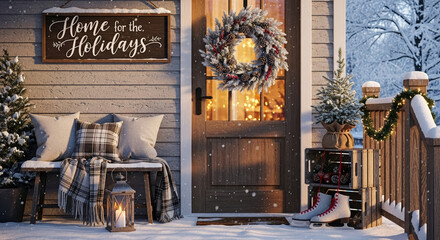 Welcoming home for the holidays with festive wreath adorning front door, promising warmth. Home for the holidays includes decorated porch, inviting bench with cozy pillows, and gentle candlelight.