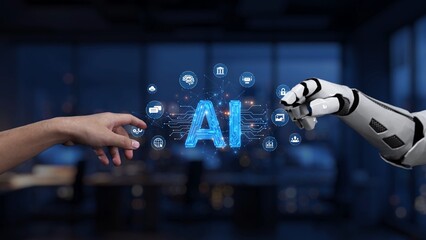 A human hand and a robotic hand reach towards each other, surrounded by glowing AI text and...