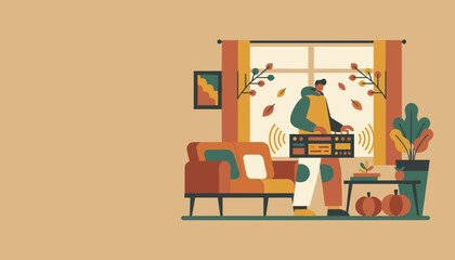 Man enjoying music from a retro boombox in a cozy autumn room Vector illustration
