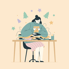 Workplace holiday stress Sad woman buried under huge piles of paperwork and pressure