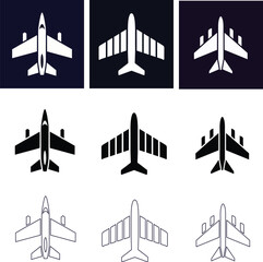 Fighter jet icon pack in diverse styles. Vector set featuring outline, glyph, and colorful airplane icons for aviation and military projects.