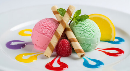 Pink and green ice cream scoops with wafer rolls and raspberry dessert sweet