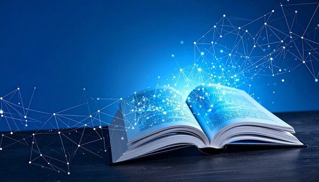 Open book with glowing blue light and digital network lines