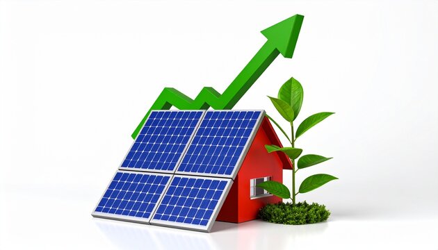 Red house with solar panels and upward green arrow on white background