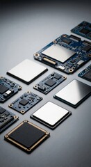 Fototapeta premium Electronic components and computer hardware parts precisely laid out. Vertical close-up of microchips, processors, and printed circuit boards for modern gadgets.