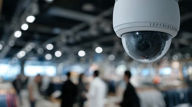 Minimalist dome camera mounted in ceiling corner, blurred background of clothing racks and people browsing, modern security technology focus