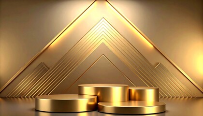 Golden geometric triangle with podiums in luxurious interior