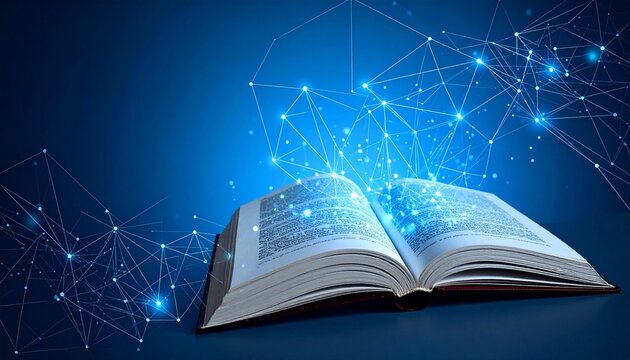 Open book with glowing blue light and digital network lines