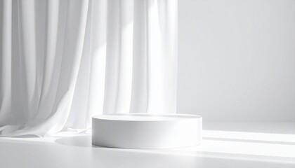 White pedestal with flowing curtains in bright minimalist interior