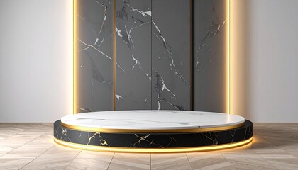 Elegant marble podium with gold lights on dark backdrop